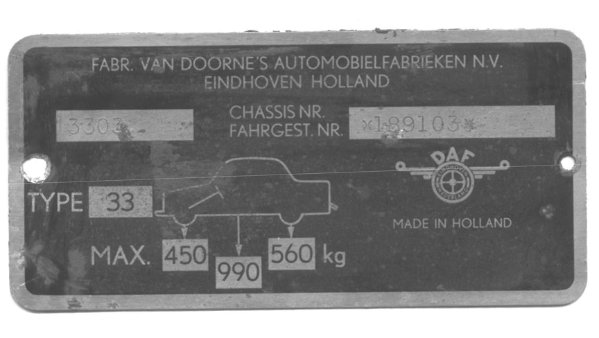 Typeplaatje tot 1968 (Voorbeeld: Daf 33)